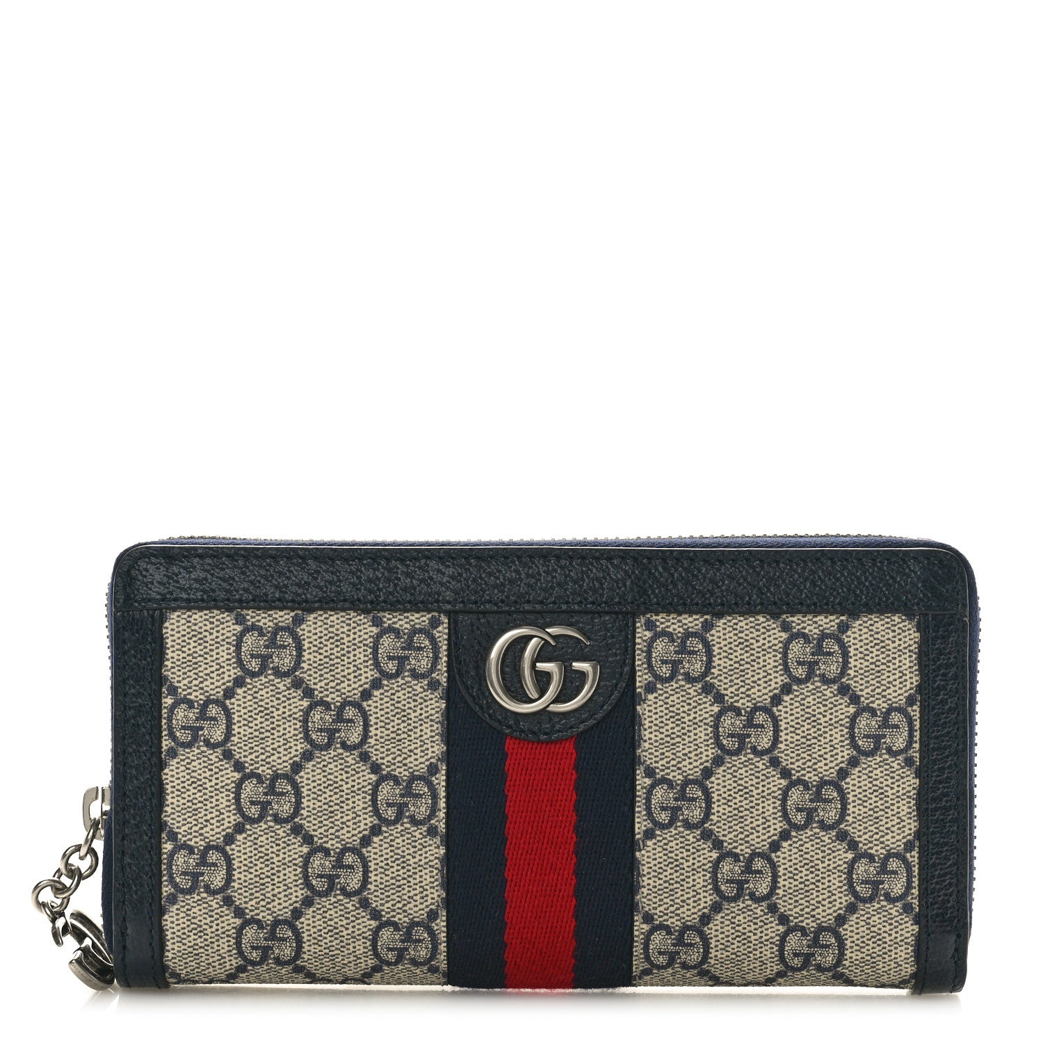 Gucci GG Supreme Monogram Textured Dollar Calfskin Web Ophidia Zip Around Wallet Beige Blue 1 of 7