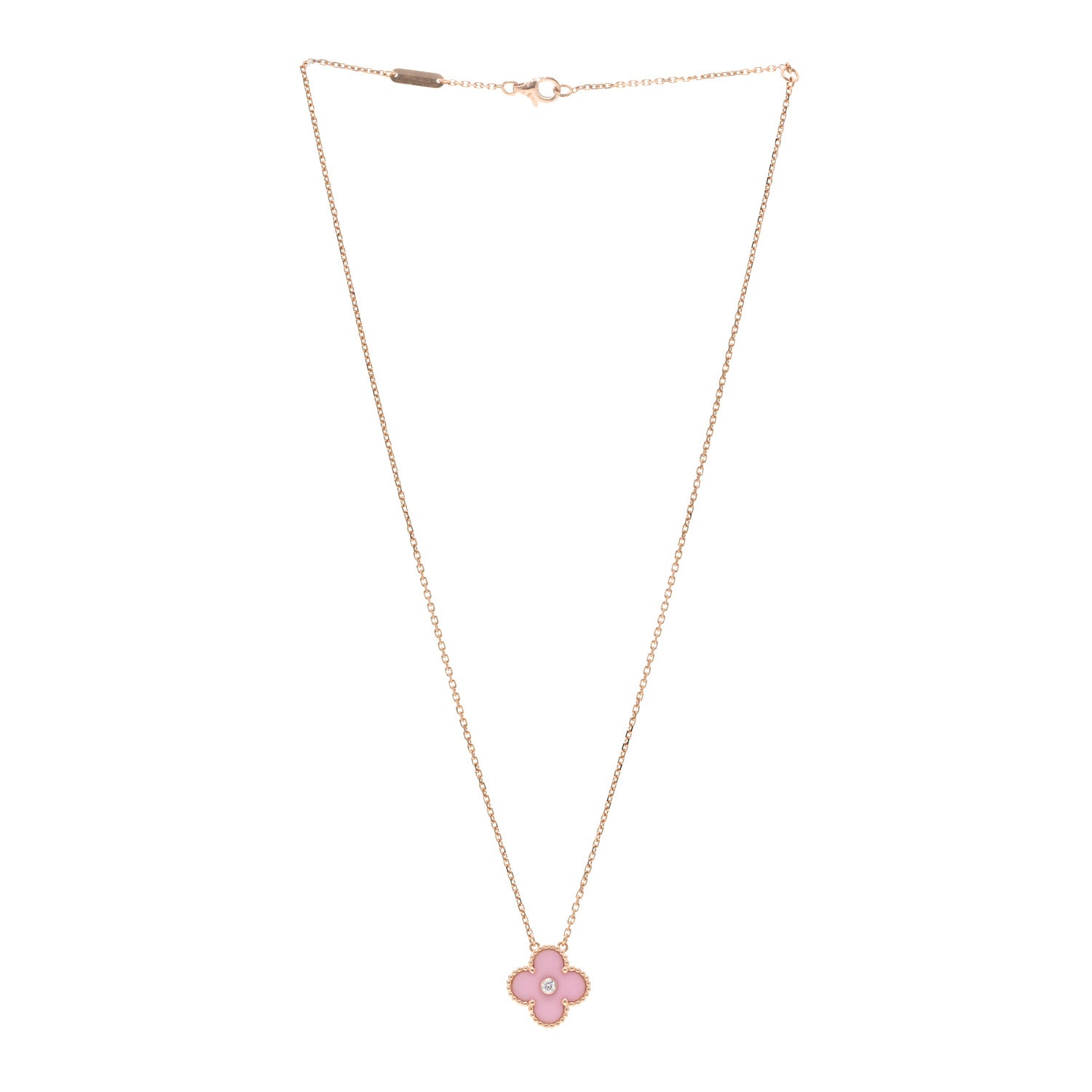 Van Cleef & Arpels 18K Rose Gold Diamond Pink Porcelain Vintage Alhambra Pendant Necklace 3 of 5