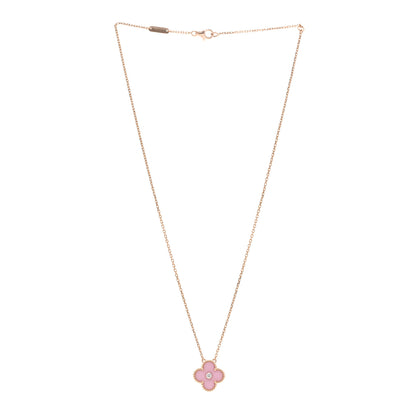 Van Cleef & Arpels 18K Rose Gold Diamond Pink Porcelain Vintage Alhambra Pendant Necklace 3 of 5