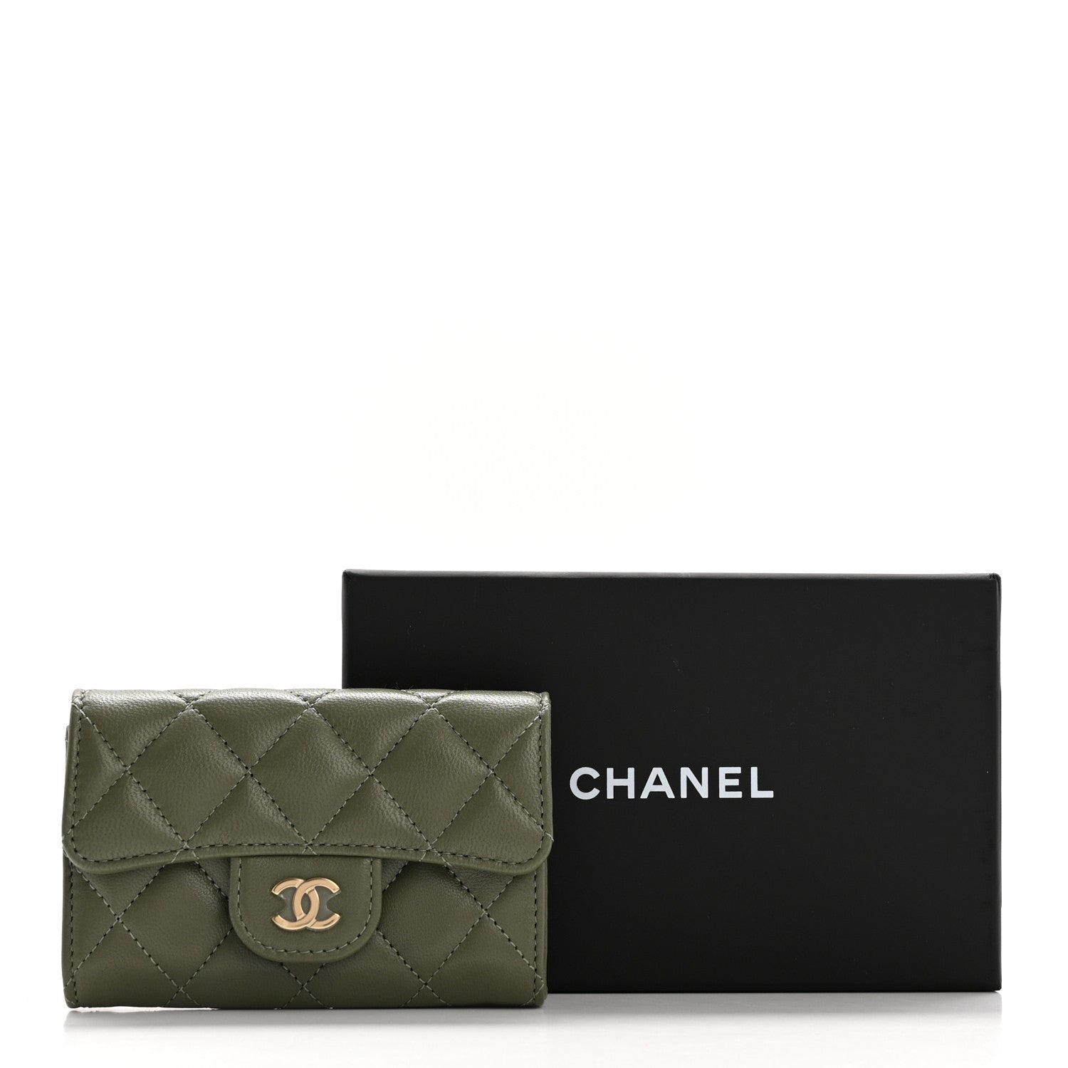 Chanel Lambskin Quilted Flap Card Holder Wallet Khaki 9 of 9