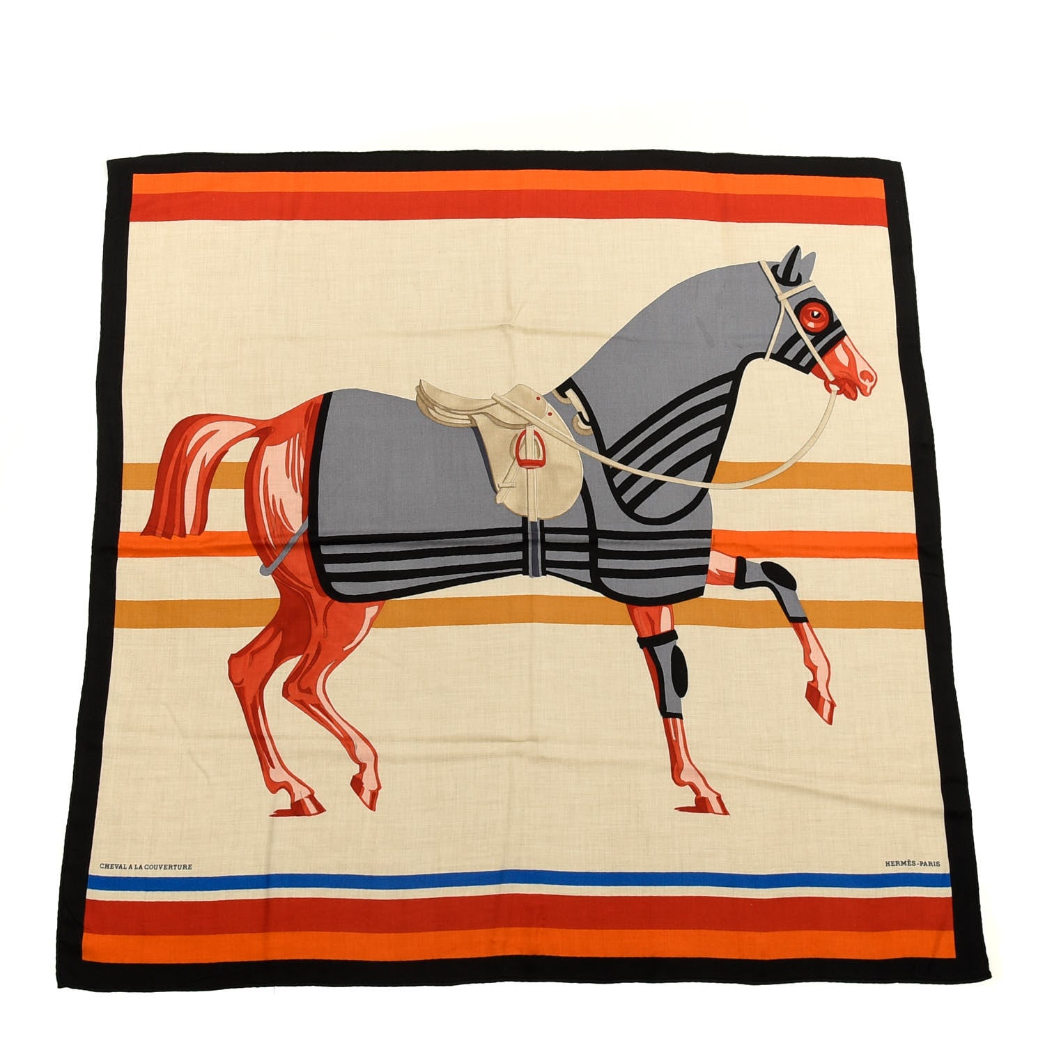 Hermes Cashmere Silk Cheval A La Couverture Shawl 140 Naturel Rouge Brique 1 of 4