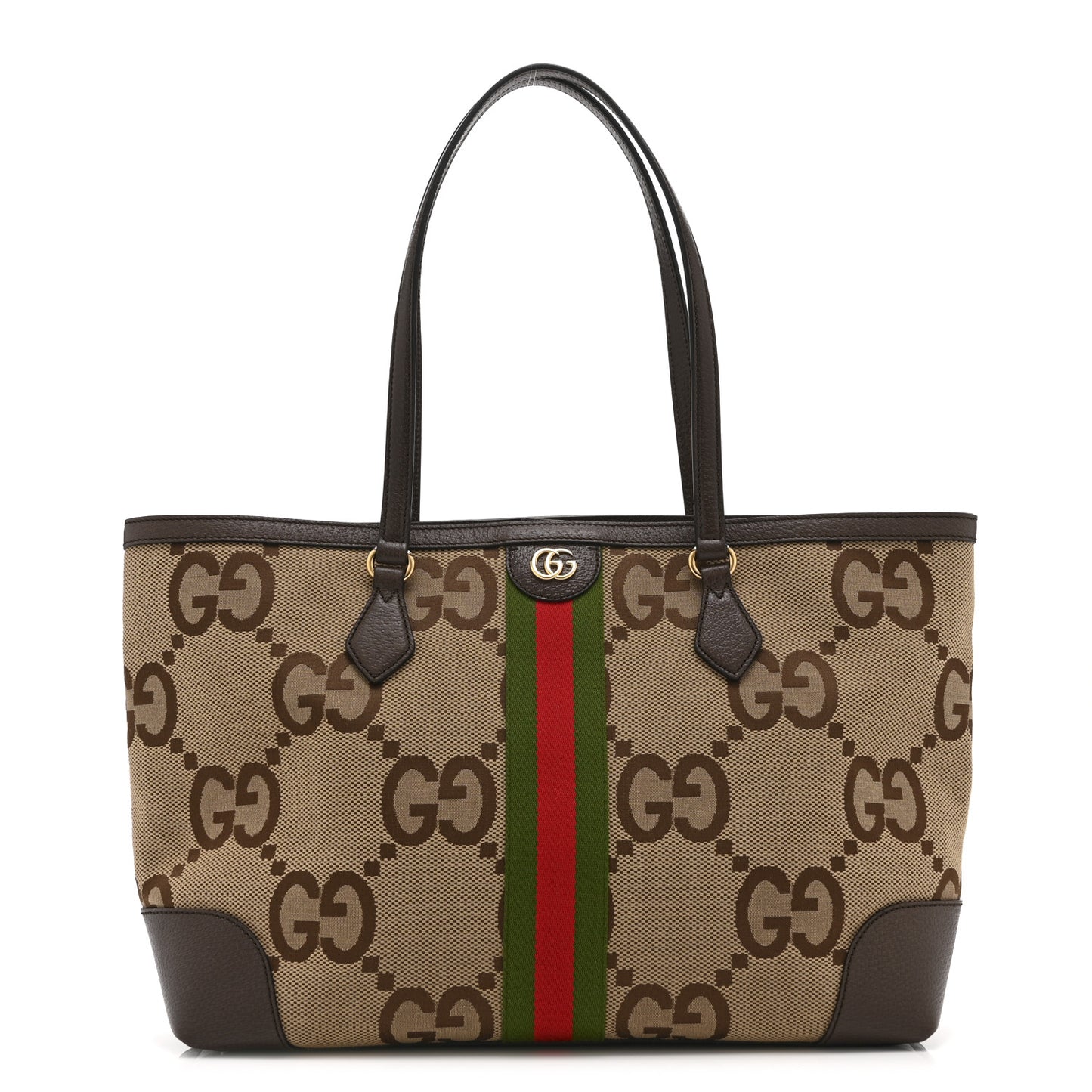 Monogram Jumbo GG Textured Dollar Calfskin Web Medium Ophidia Shopping Tote Camel Ebony