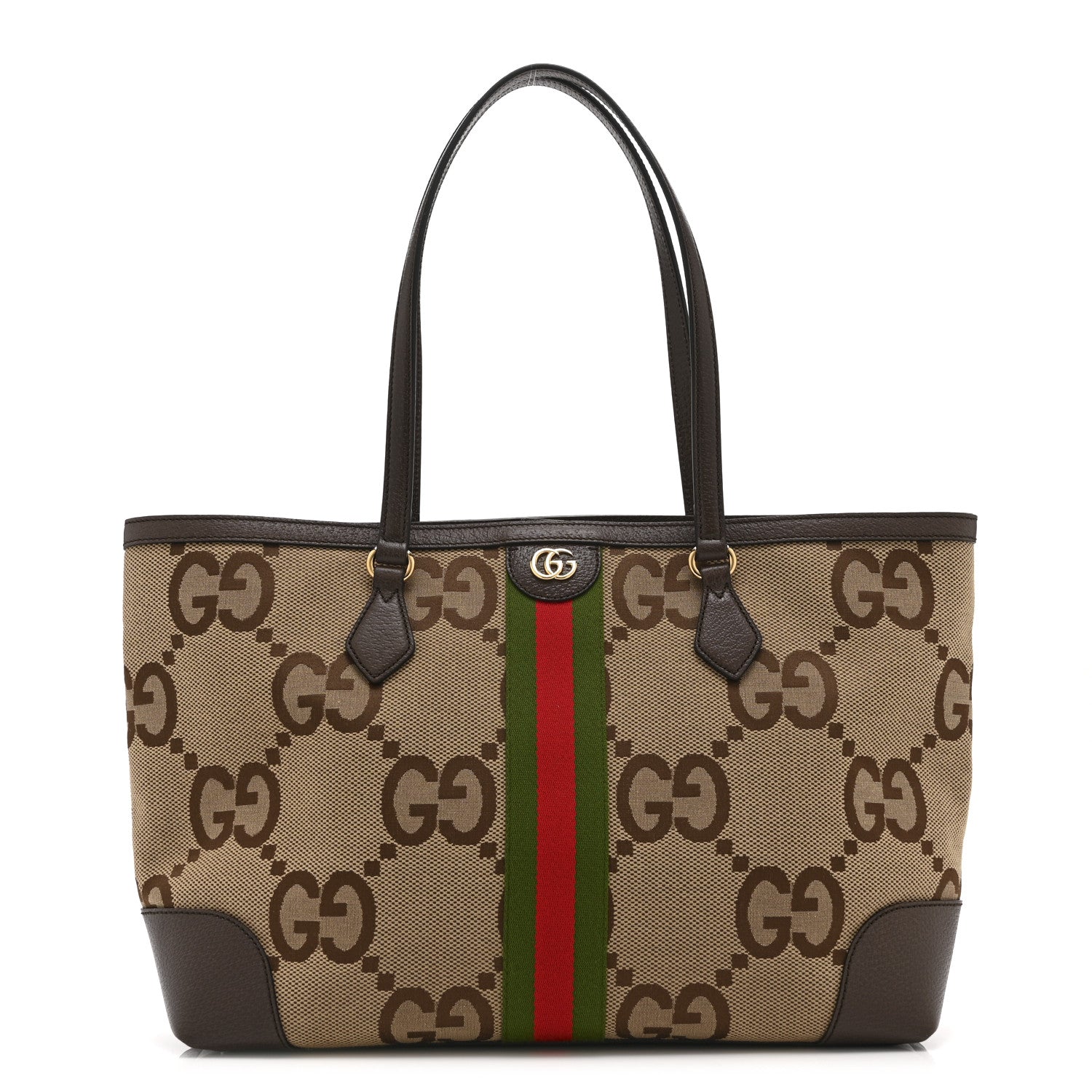 Gucci Monogram Jumbo GG Textured Dollar Calfskin Web Medium Ophidia Shopping Tote Camel Ebony 1 of 11