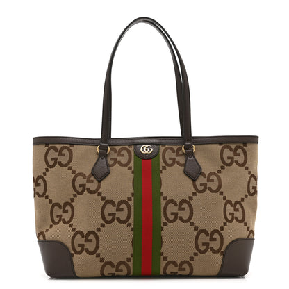 Gucci Monogram Jumbo GG Textured Dollar Calfskin Web Medium Ophidia Shopping Tote Camel Ebony 1 of 11