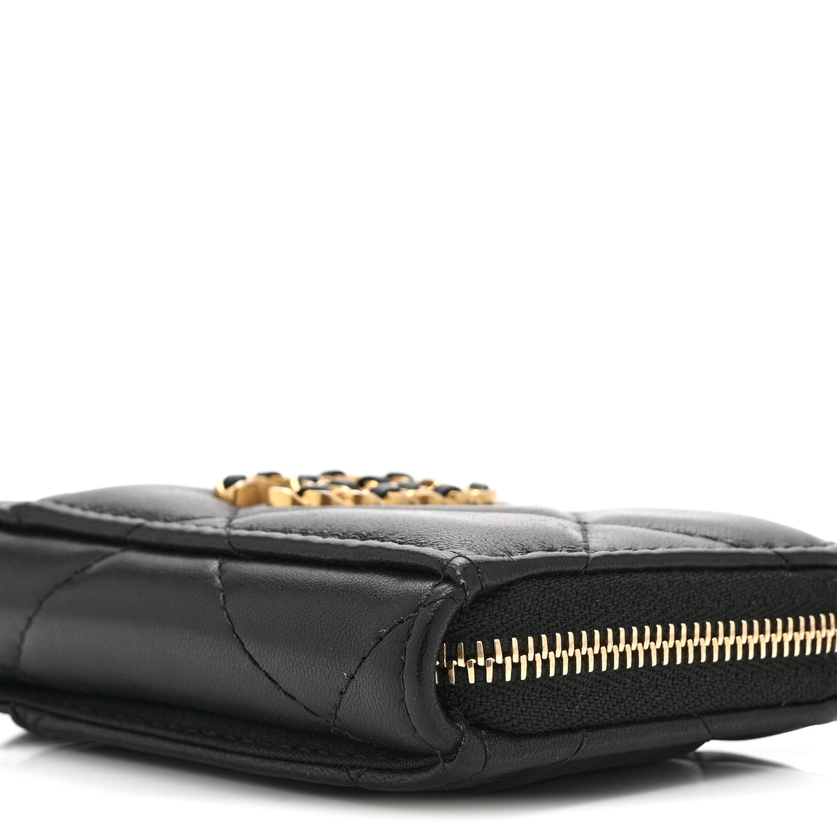 Lambskin Quilted Chanel 19 Vertical Zip Card Holder Wallet Black