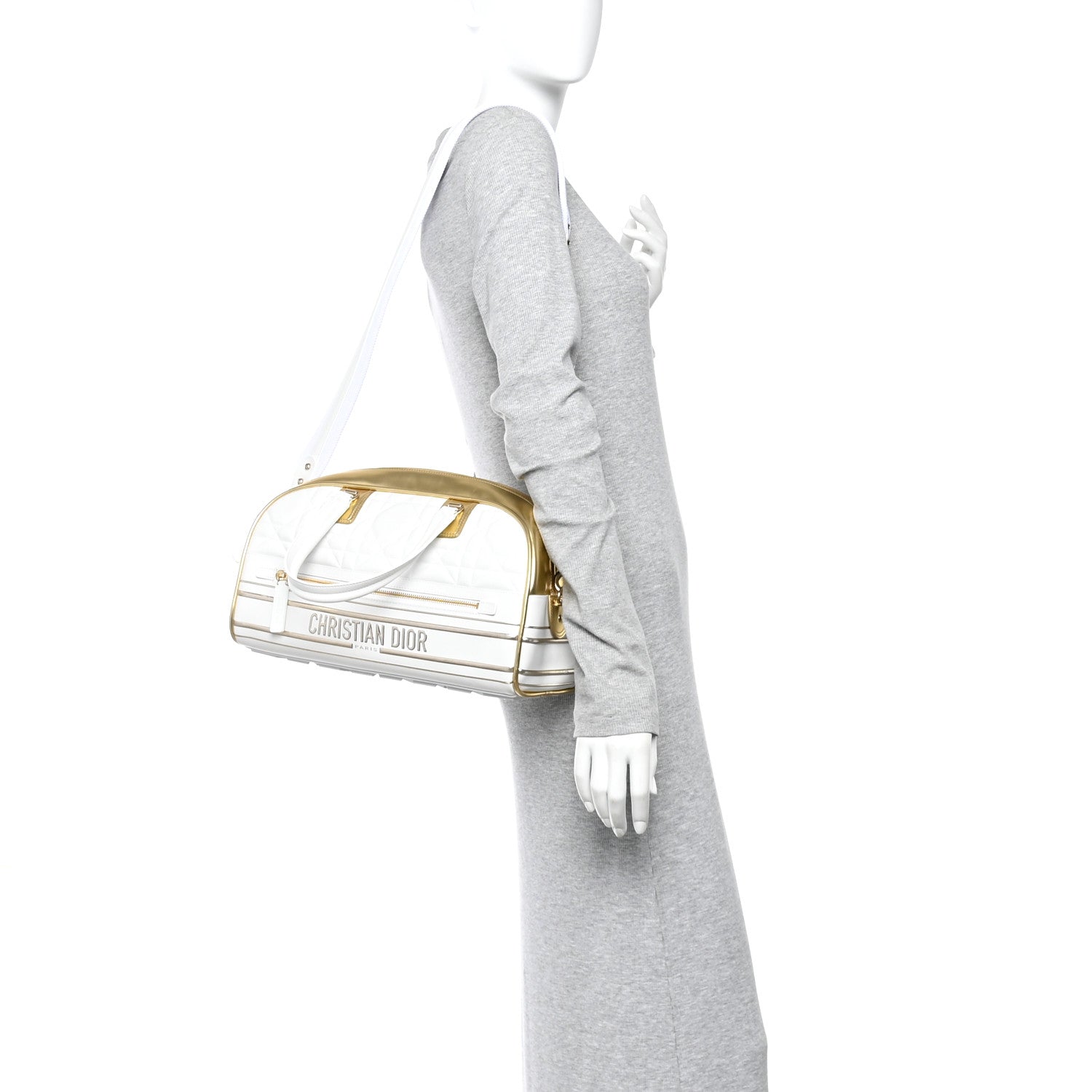 Christian Dior Calfskin Padded Macrocannage Medium Dior Vibe Zip Bowling Bag White Gold 2 of 13