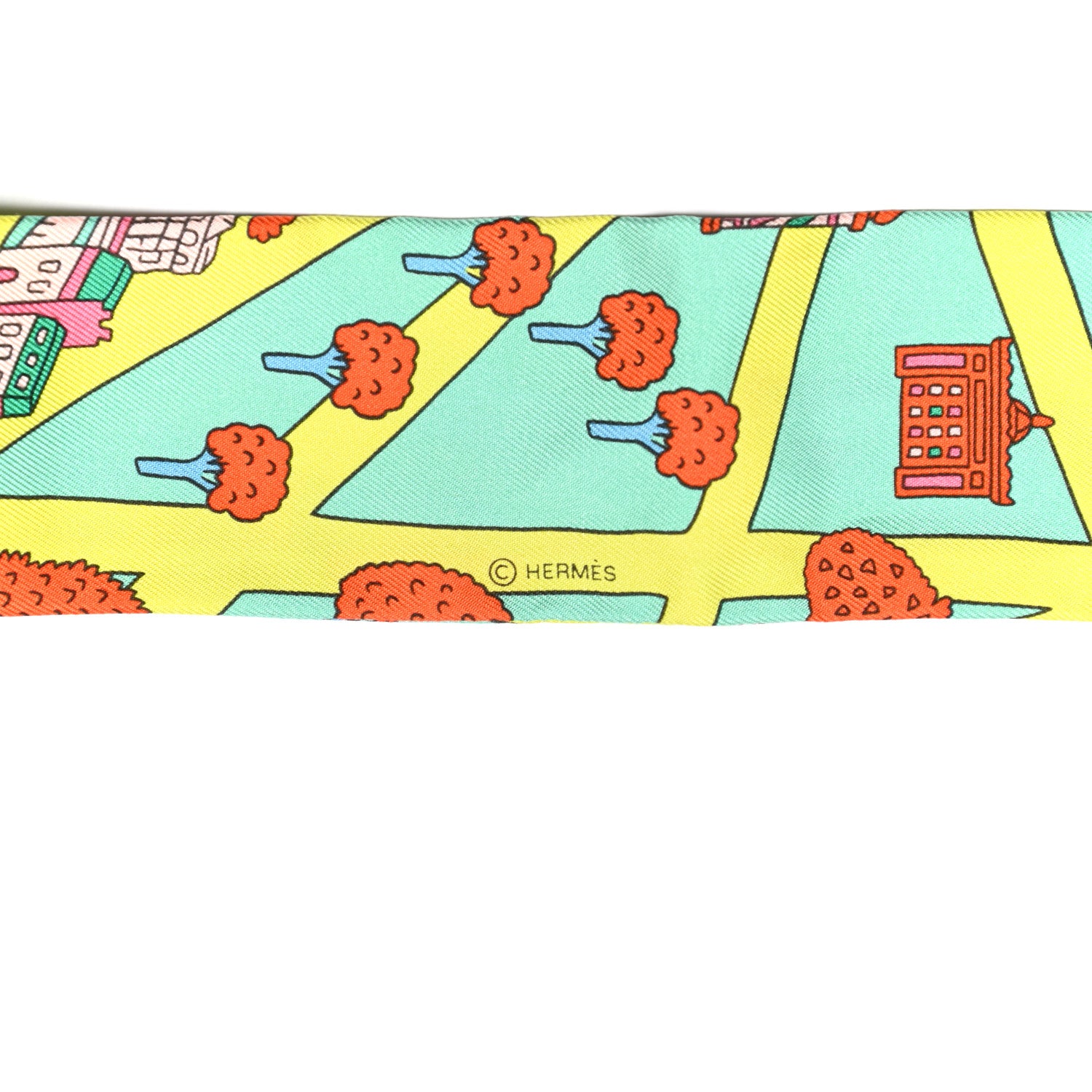 Hermes Silk Les Nouveaux Amoureux de Paris Twilly Vert D'eau Jaune Fluo Orange 3 of 3