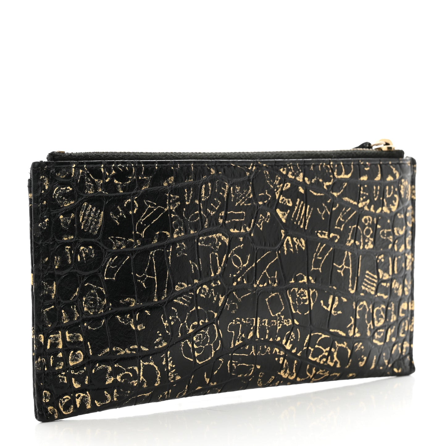 Calfskin Crocodile Embossed Graffiti 2.55 Cocodile Reissue Zip Pouch Black Gold