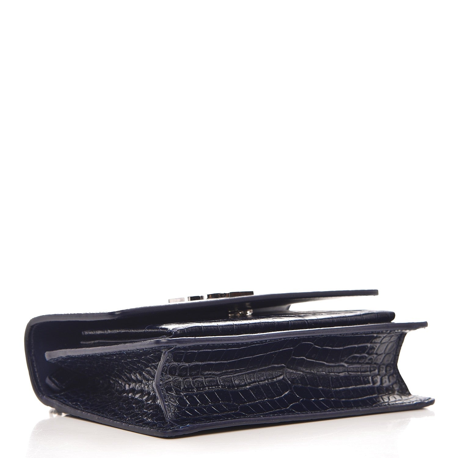 Saint Laurent Calfskin Crocodile Embossed Monogram Sunset Chain Wallet Navy 4 of 8
