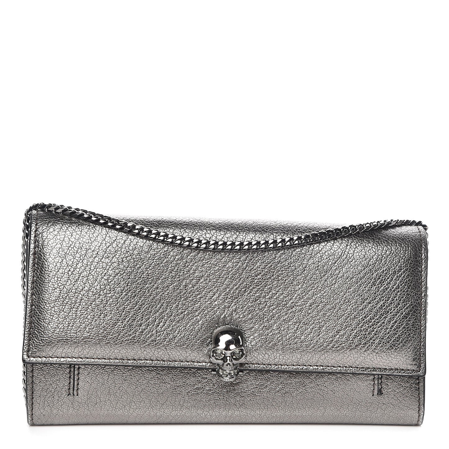 Metallic Calfskin Skull Wallet on Chain Black Pearl