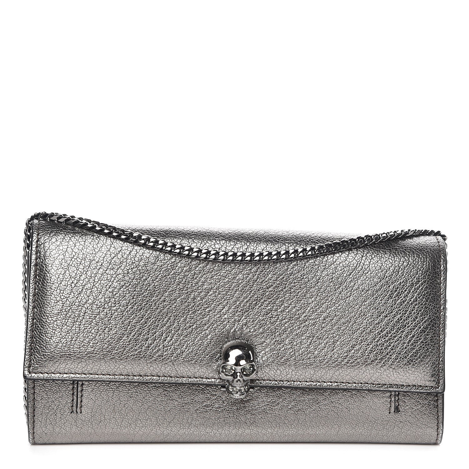 Alexander McQueen Metallic Calfskin Skull Wallet on Chain Black Pearl 1 of 12