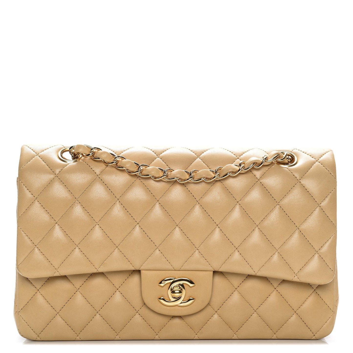 Lambskin Quilted Medium Double Flap Beige