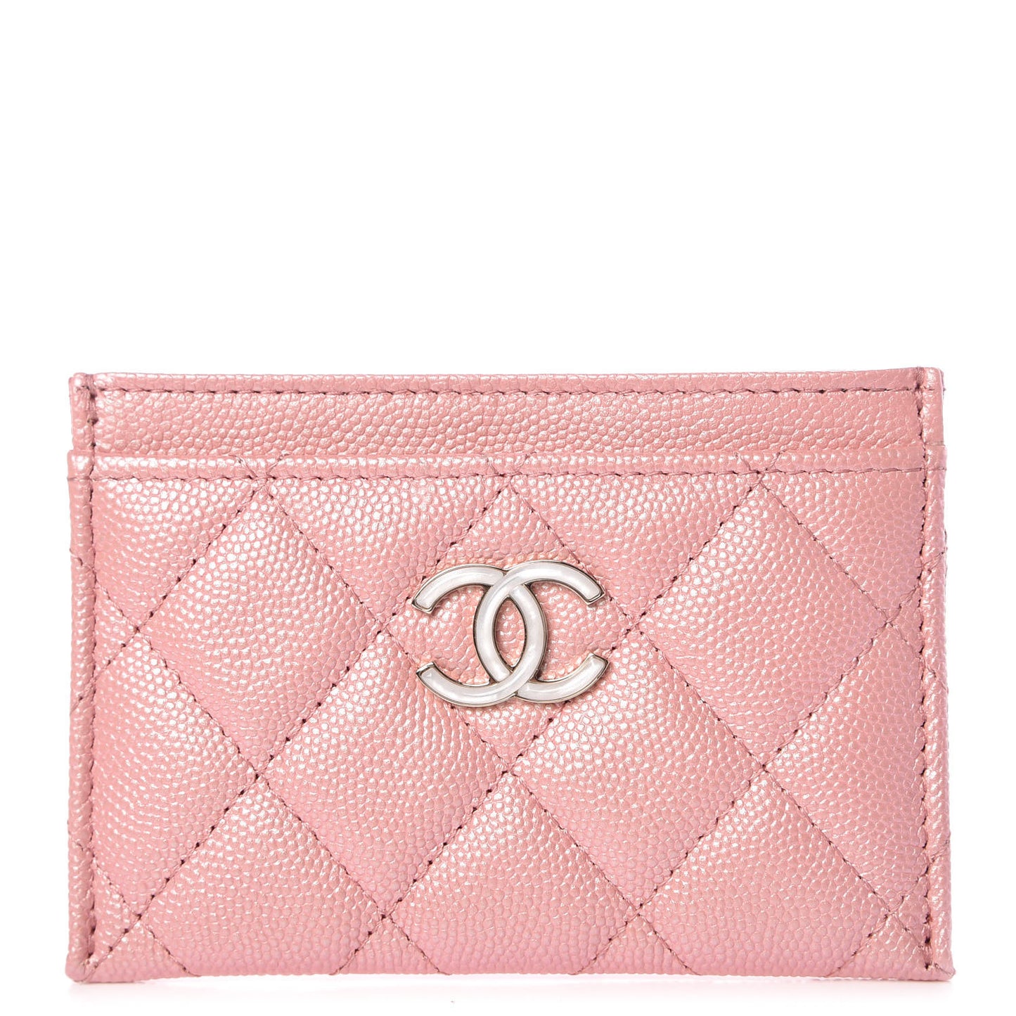Iridescent Caviar Quilted Card Holder Pink