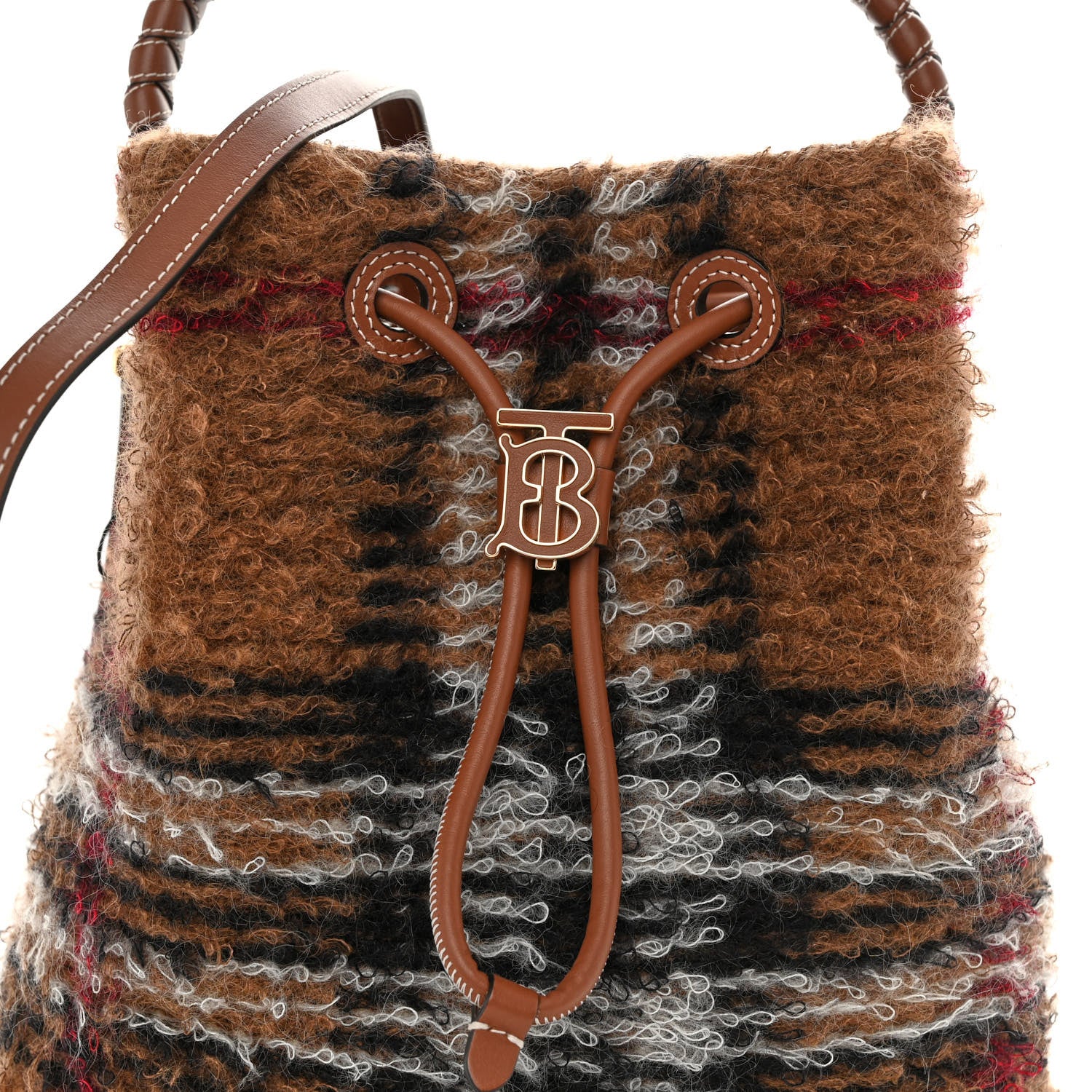 Burberry Mohair Check Calfskin TB Small Bucket Bag Brown 7 of 9