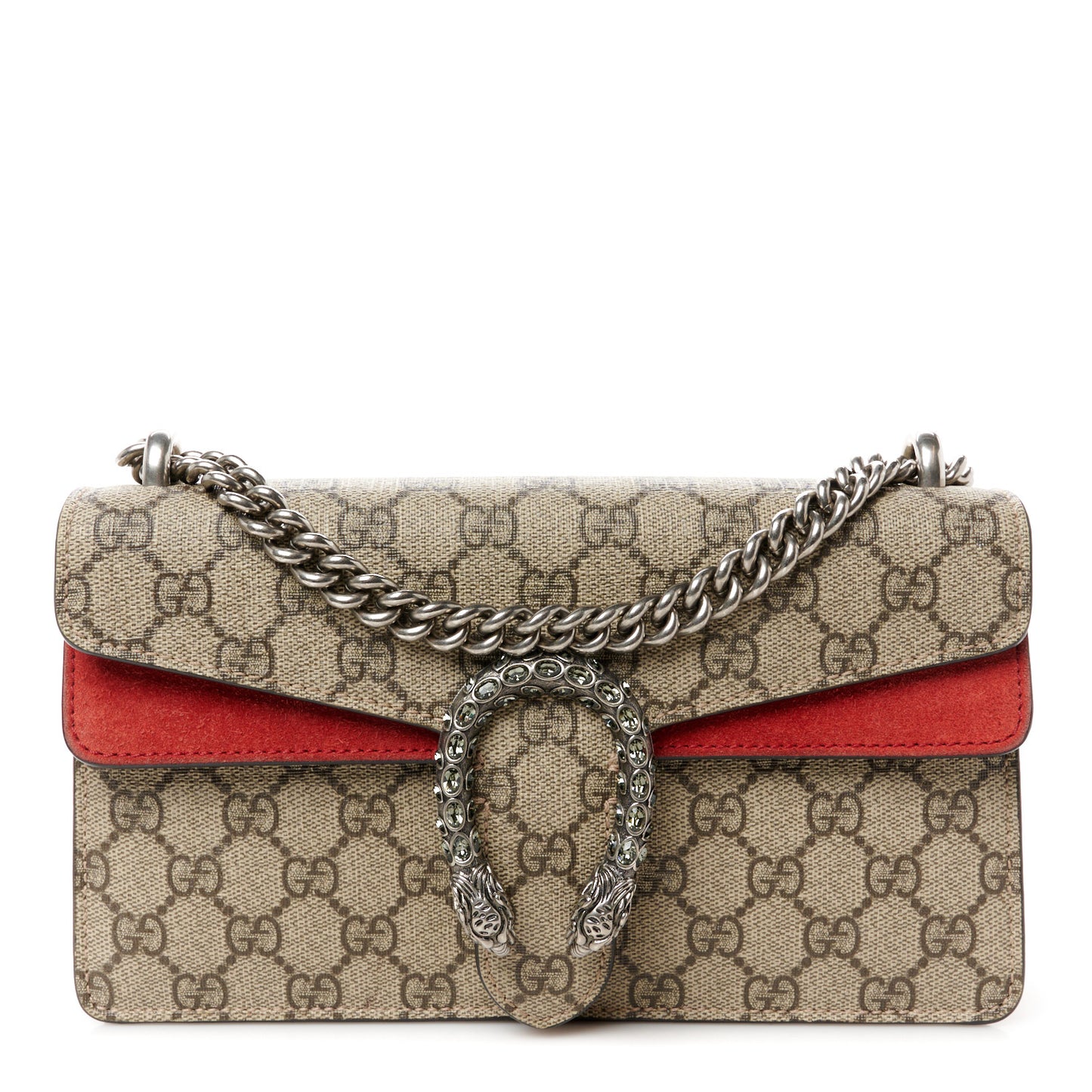 GG Supreme Monogram Suede Crystal Small Dionysus Shoulder Bag Beige Ebony Vulcanic Red