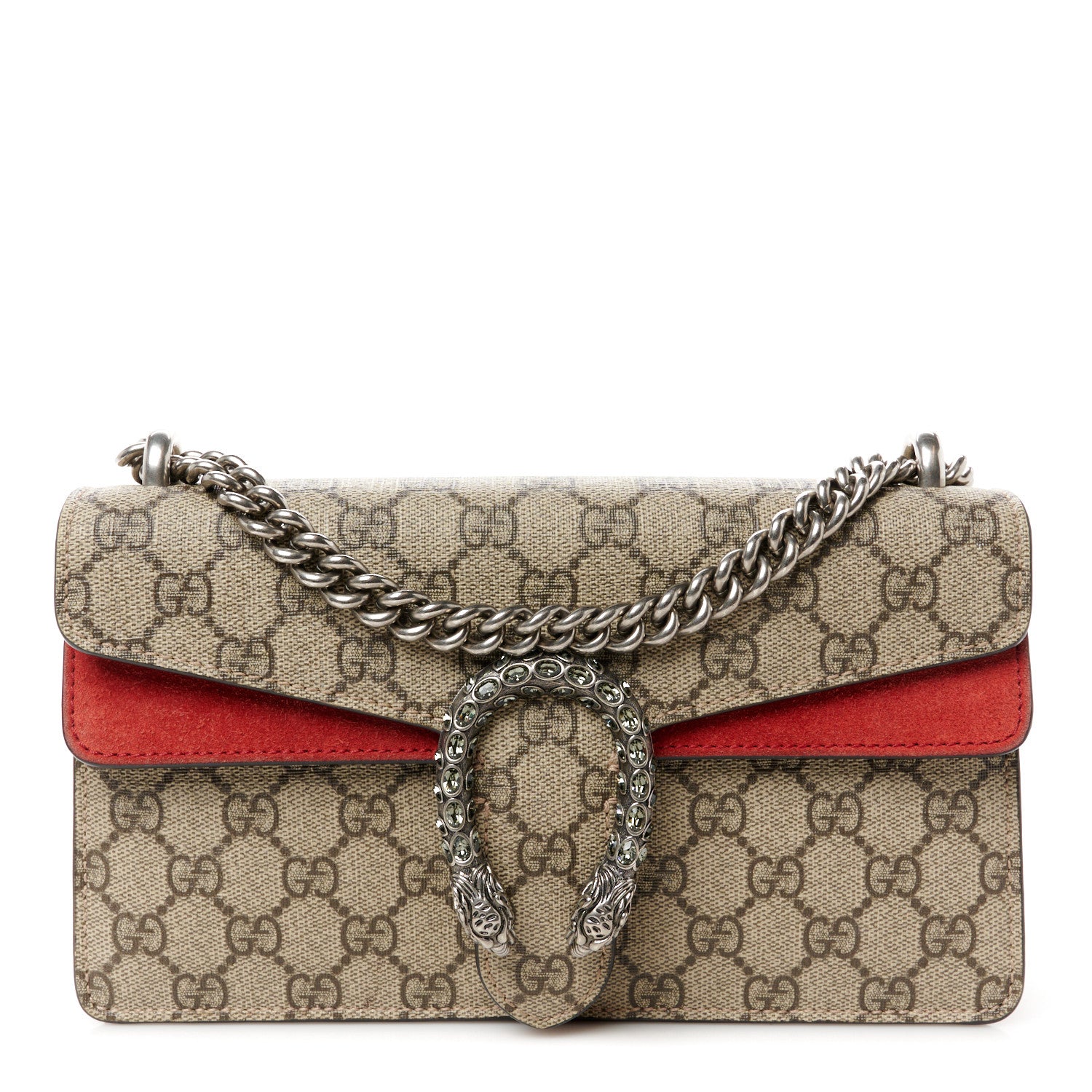 Gucci GG Supreme Monogram Suede Crystal Small Dionysus Shoulder Bag Beige Ebony Vulcanic Red 1 of 10