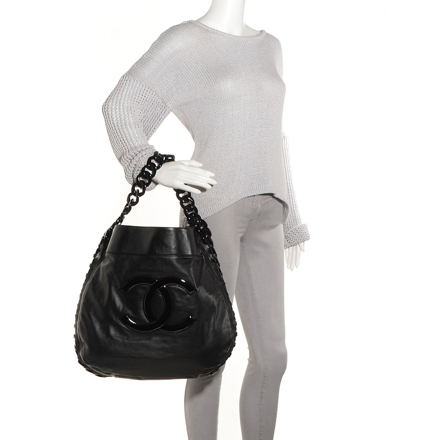 Calfskin Modern Chain Rhodoid Hobo Black