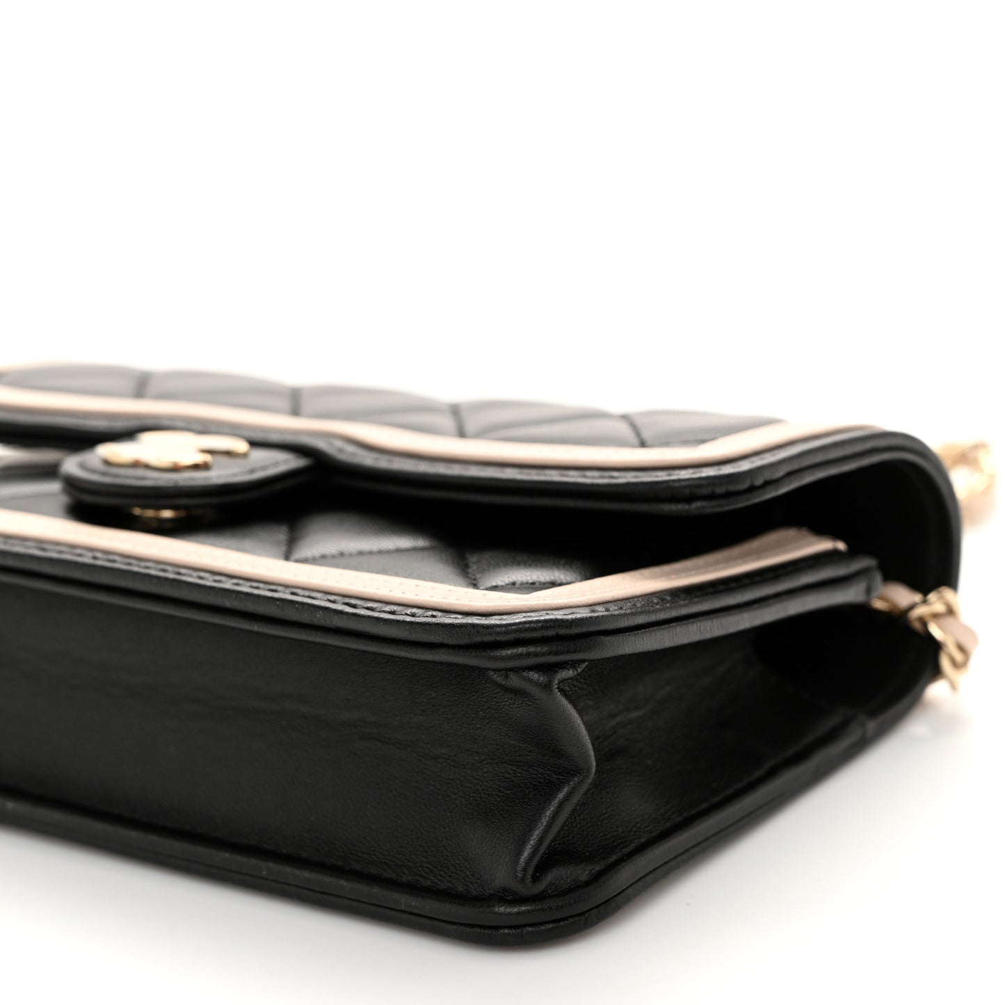 Lambskin Quilted Flap Phone Holder With Chain Black Beige Black Beige
