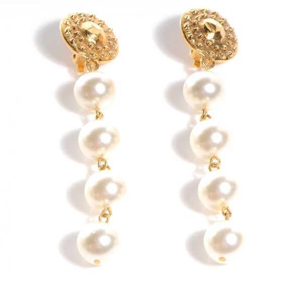 Chanel Pearl Dangle Clip On Earrings Gold 1 of 4