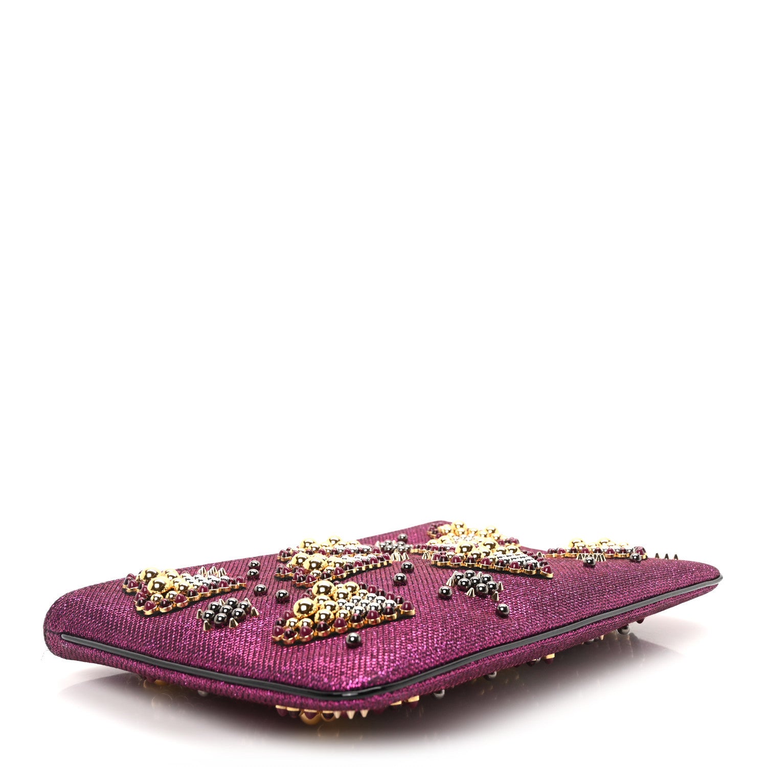 Christian Louboutin Metallic Raffia Studded Loubiposh Chain Clutch Magenta 4 of 9