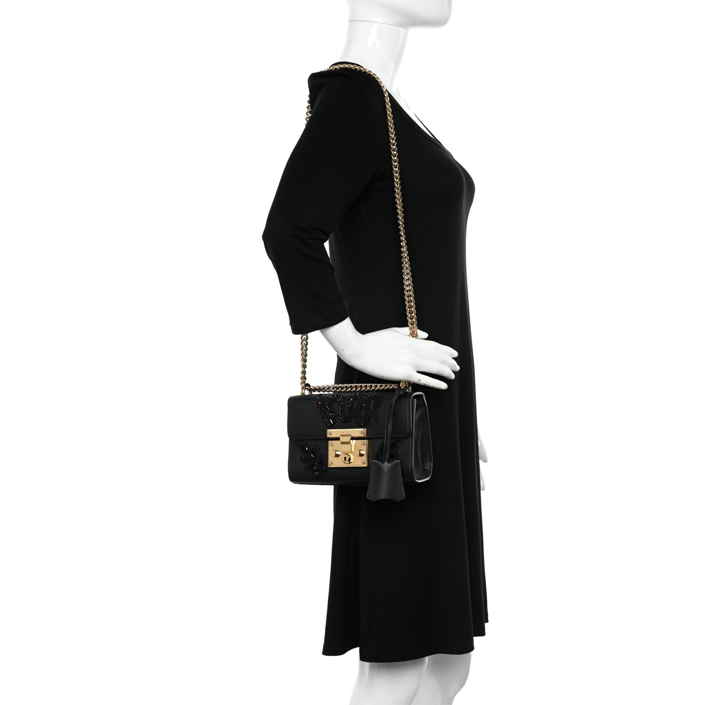 Calfskin Crystal Snake Embroidered Small Padlock Shoulder Bag Black
