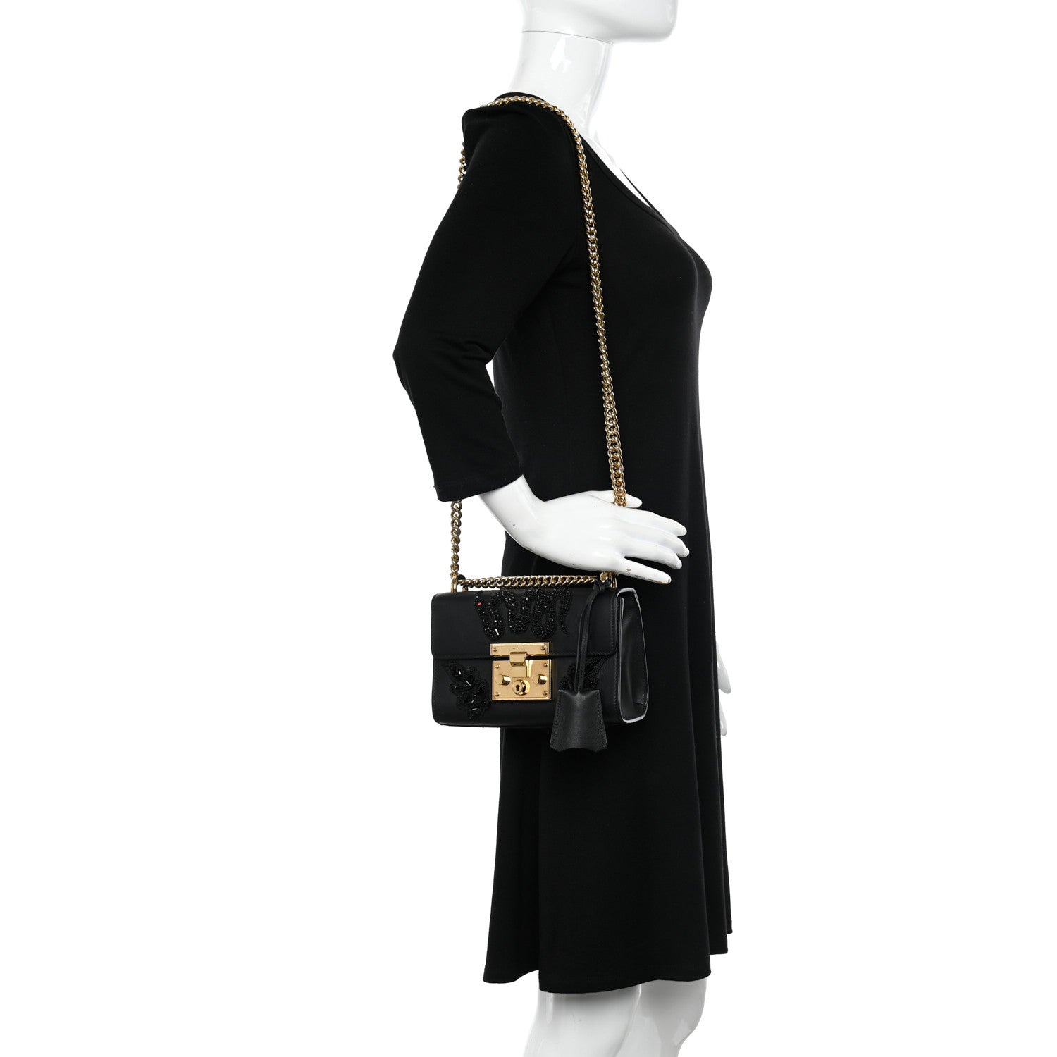 Gucci Calfskin Crystal Snake Embroidered Small Padlock Shoulder Bag Black 2 of 10