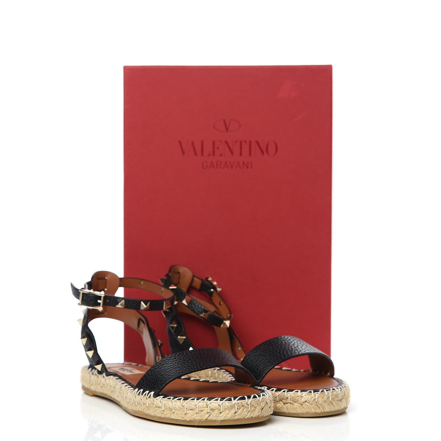 Grained Calfskin Rockstud Ankle Strap Espadrille Flat Sandals 37 Black