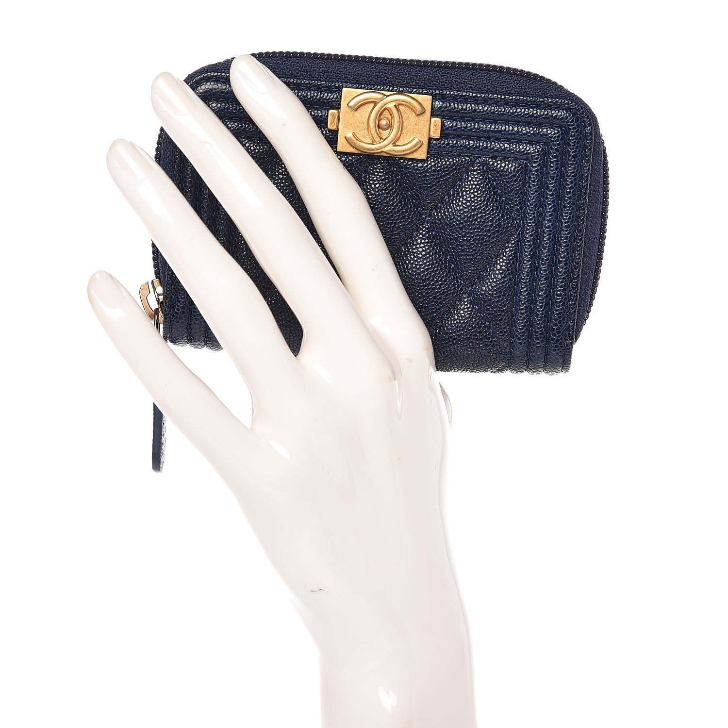 Chanel Caviar Quilted Boy Zip Around Coin Purse Wallet Dark Blue 2 of 8