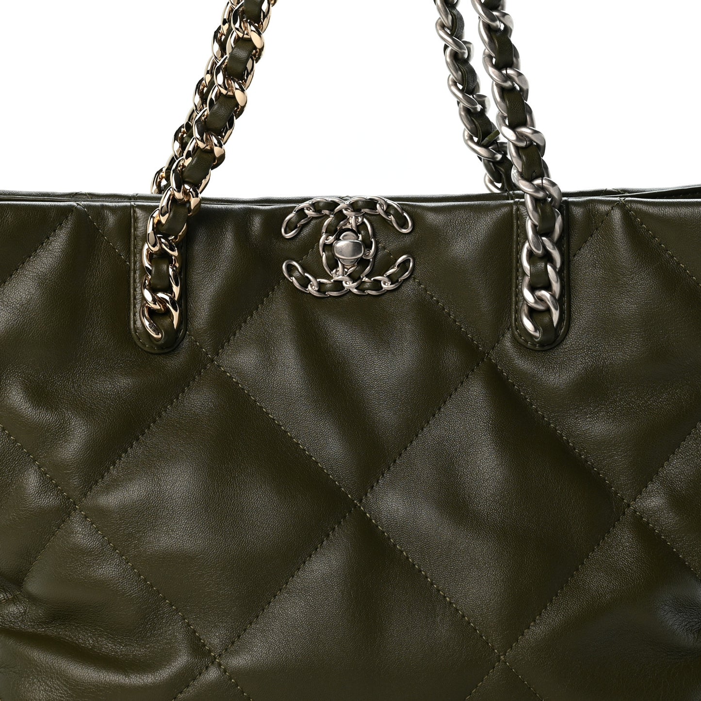 Lambskin Quilted Chanel 19 East West Shopping Bag Dark Green