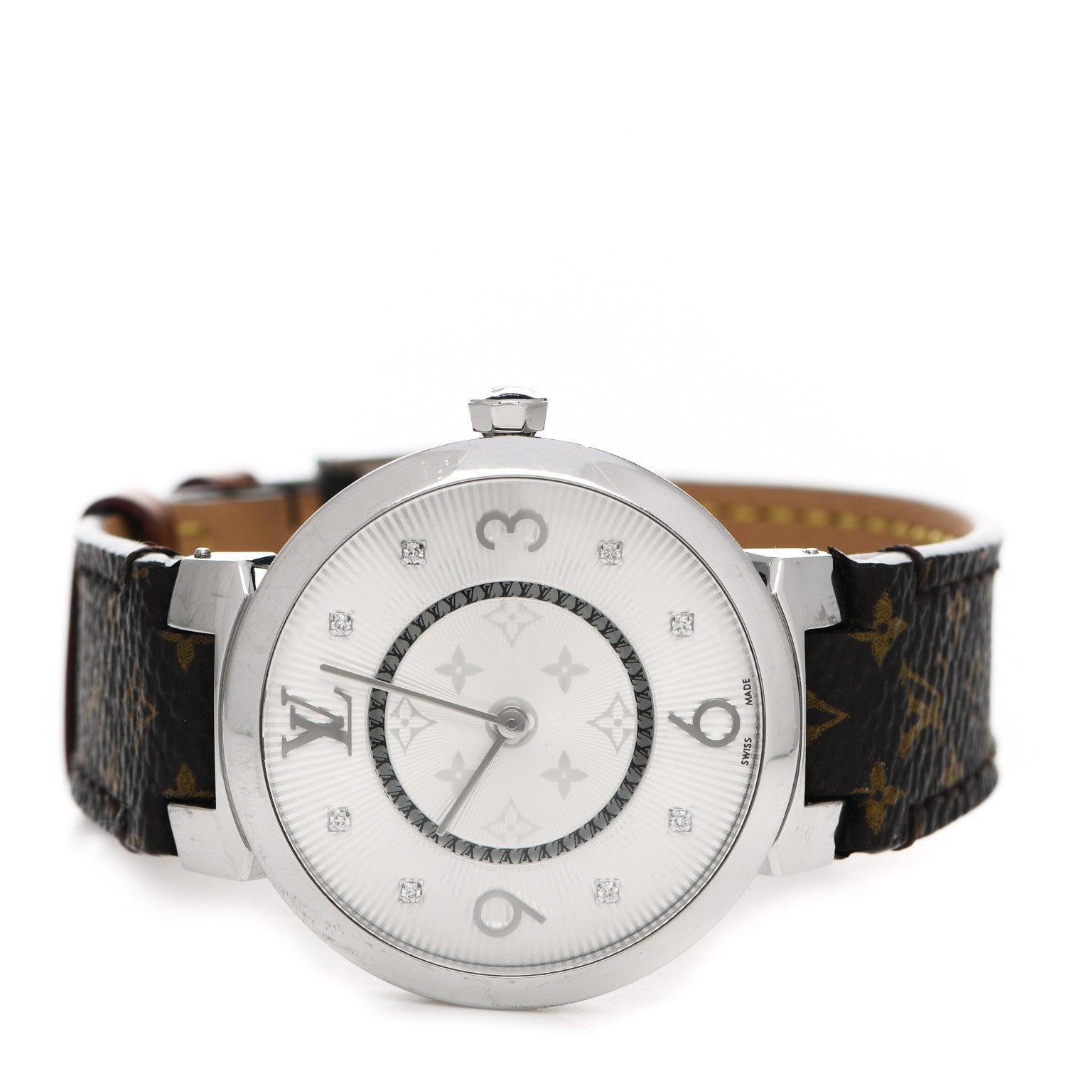 Louis Vuitton Stainless Steel Monogram Diamond 33mm Tambour Slim Quartz Watch 2 of 5