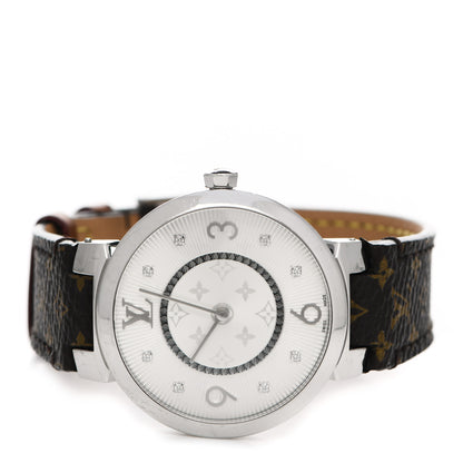 Louis Vuitton Stainless Steel Monogram Diamond 33mm Tambour Slim Quartz Watch 2 of 5