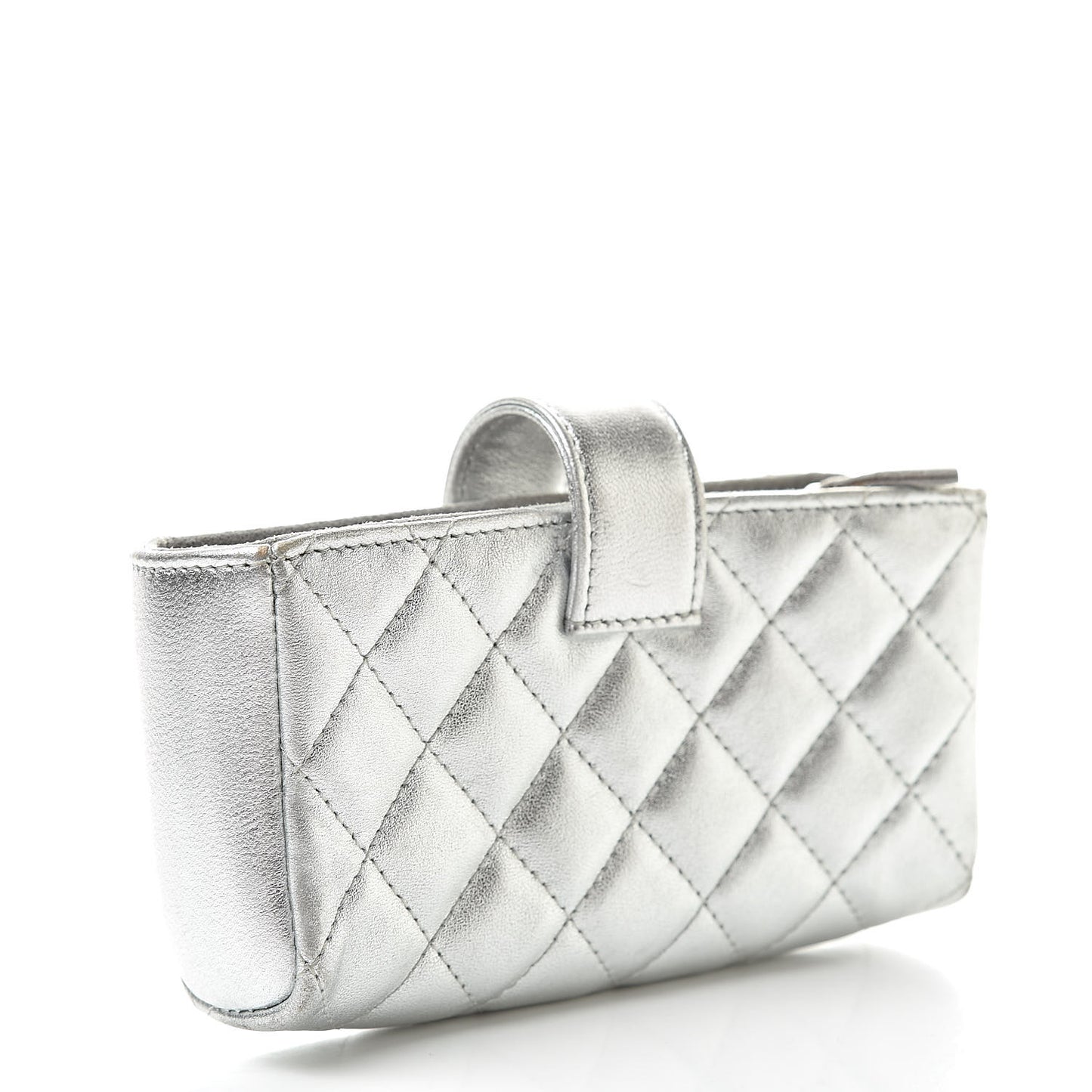 Metallic Lambskin Quilted Mini Phone Holder Clutch Silver