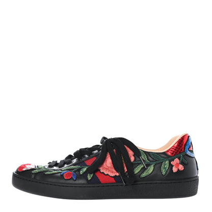 Gucci Calfskin Web Floral Embroidered Mens Ace Sneakers 8 Black 1 of 4