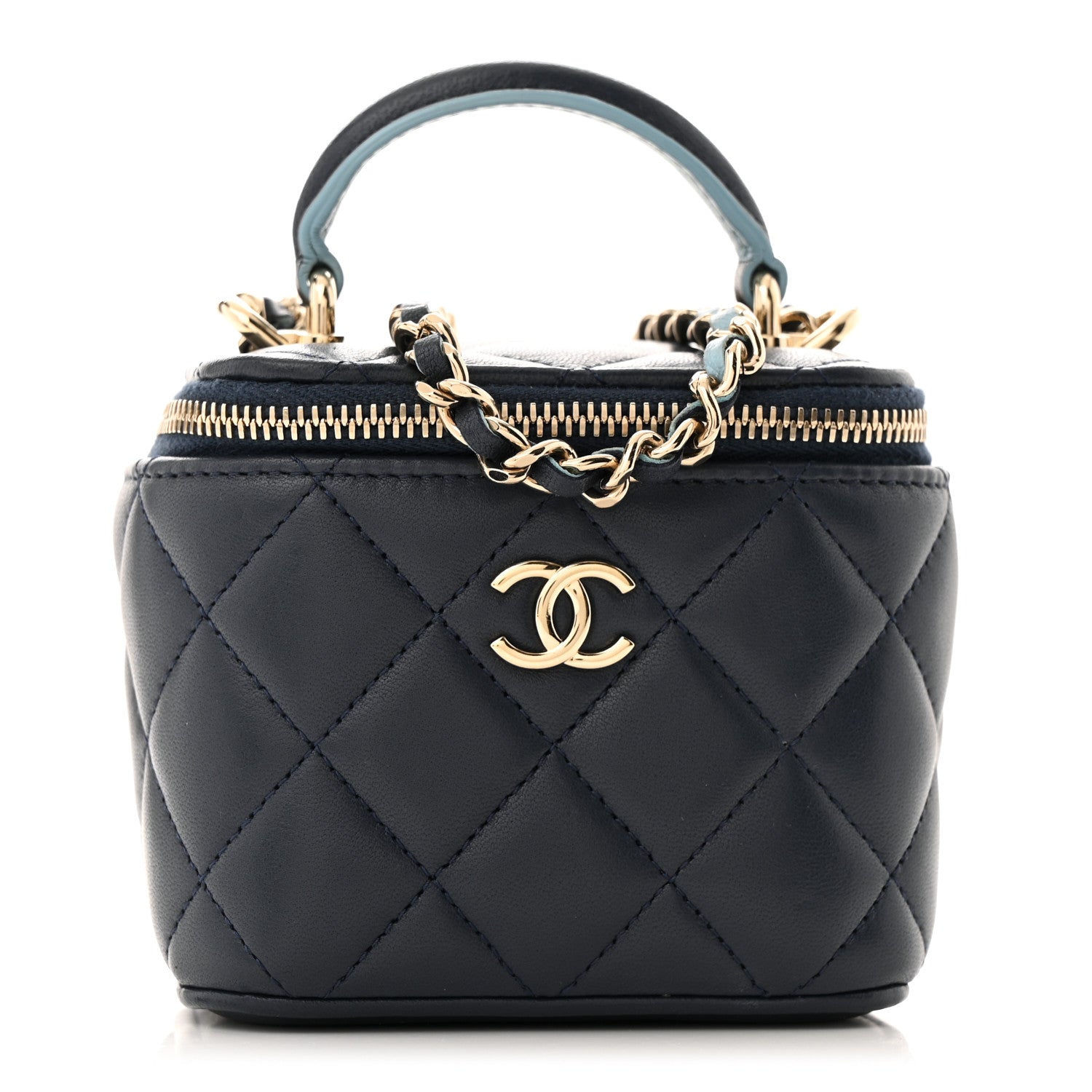 Chanel Lambskin Quilted Top Handle Mini Vanity Case With Chain Dark Blue Light Blue 1 of 11