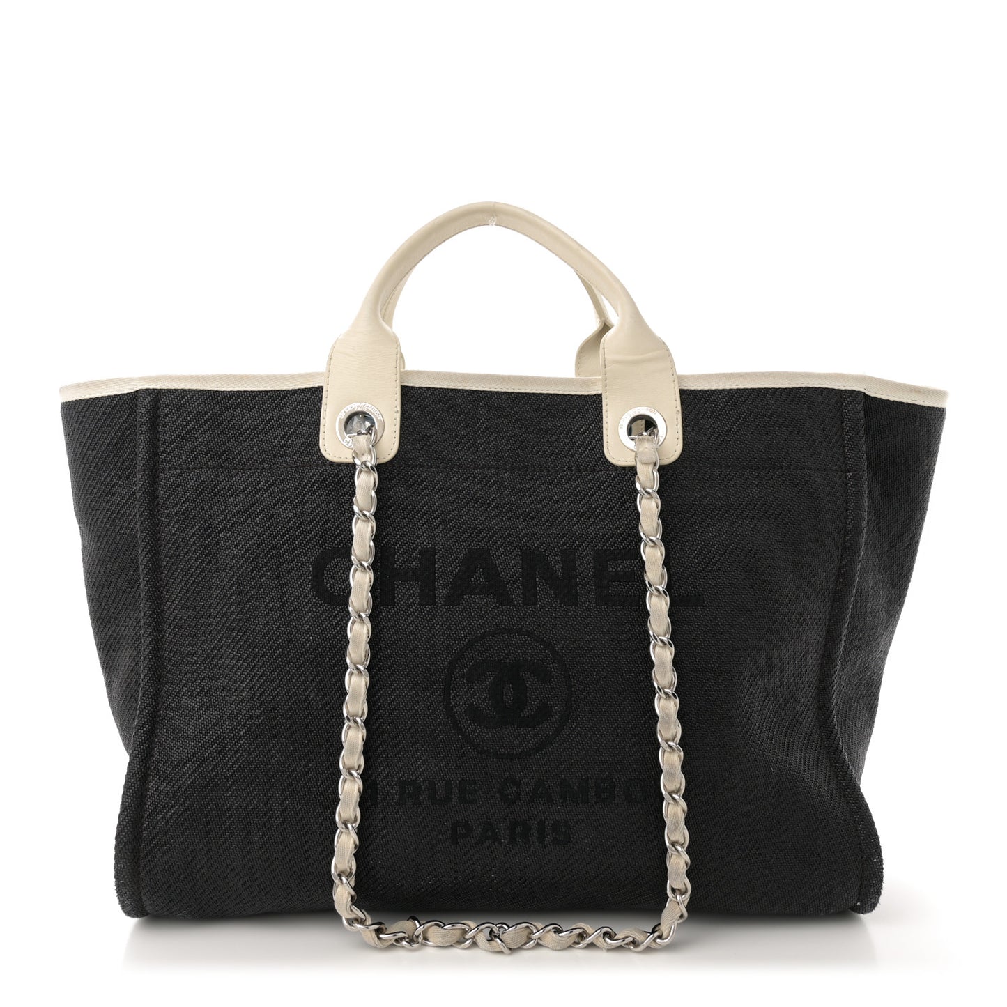 Woven Straw Raffia Medium Deauville Tote Black White