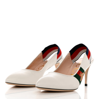 Gucci Malaga Kid Web Sylvie Mid Heel Slingback Pumps 37.5 White 3 of 10