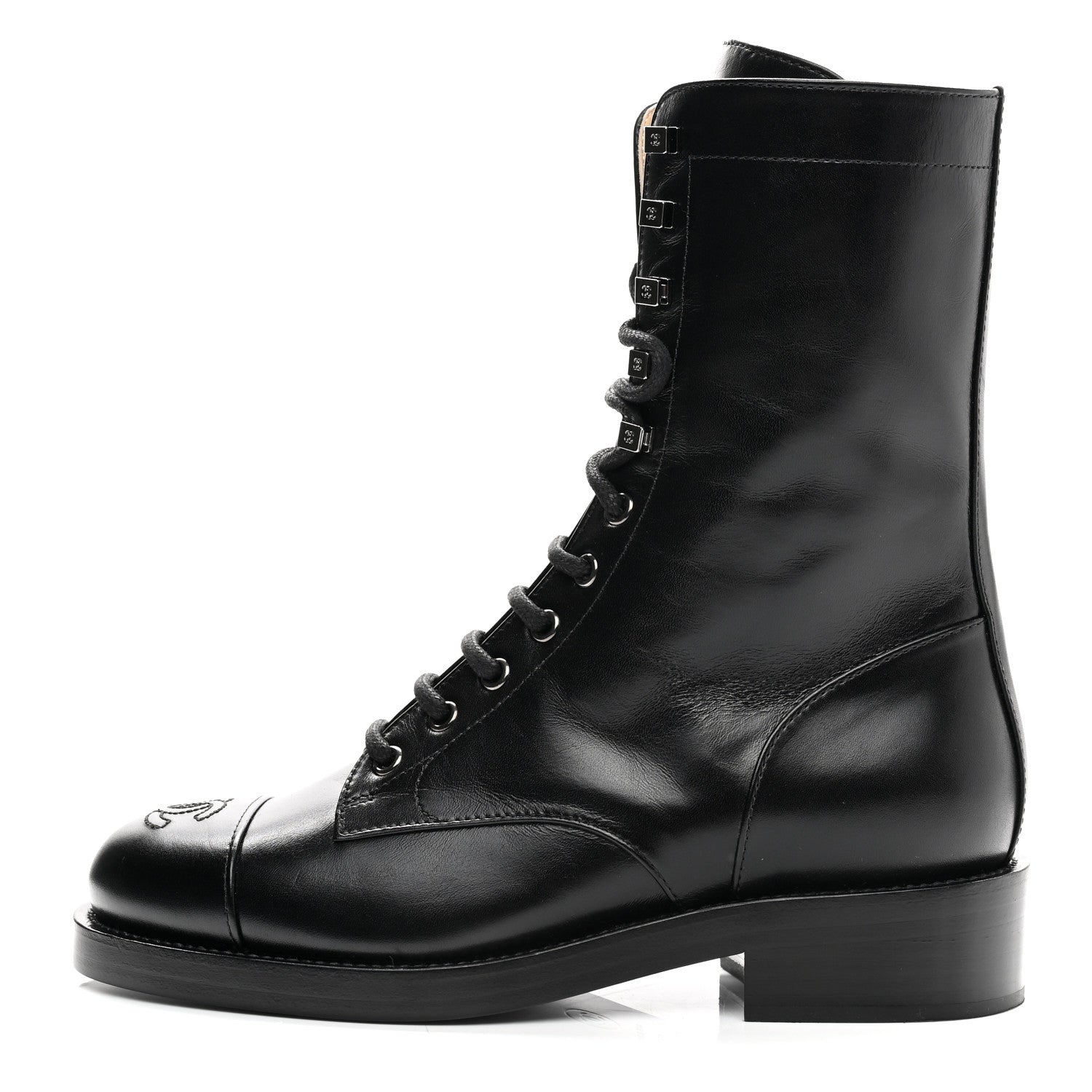 Chanel Calfskin Lace Up Combat Boots 37.5 Black 1 of 9