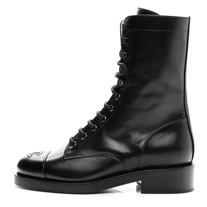 Chanel Calfskin Lace Up Combat Boots 37.5 Black 1 of 9