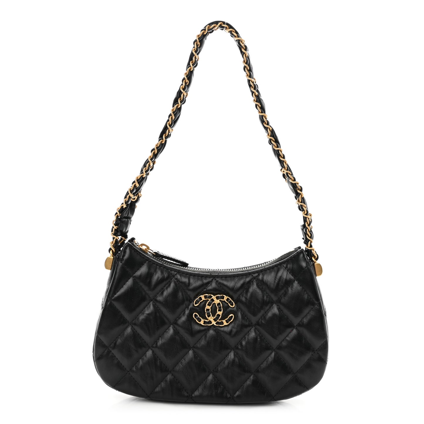 Crumpled Calfskin Quilted Braided CC Small Hobo Black