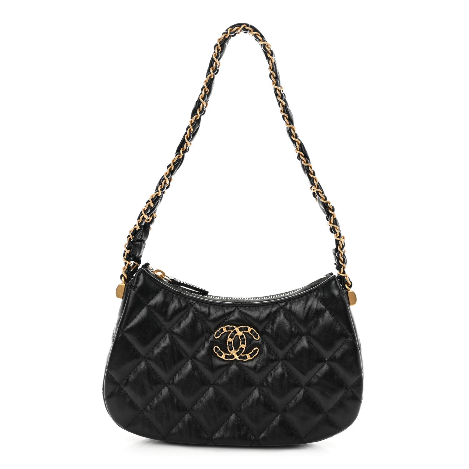 Chanel Crumpled Calfskin Quilted Braided CC Small Hobo Black 1 of 11