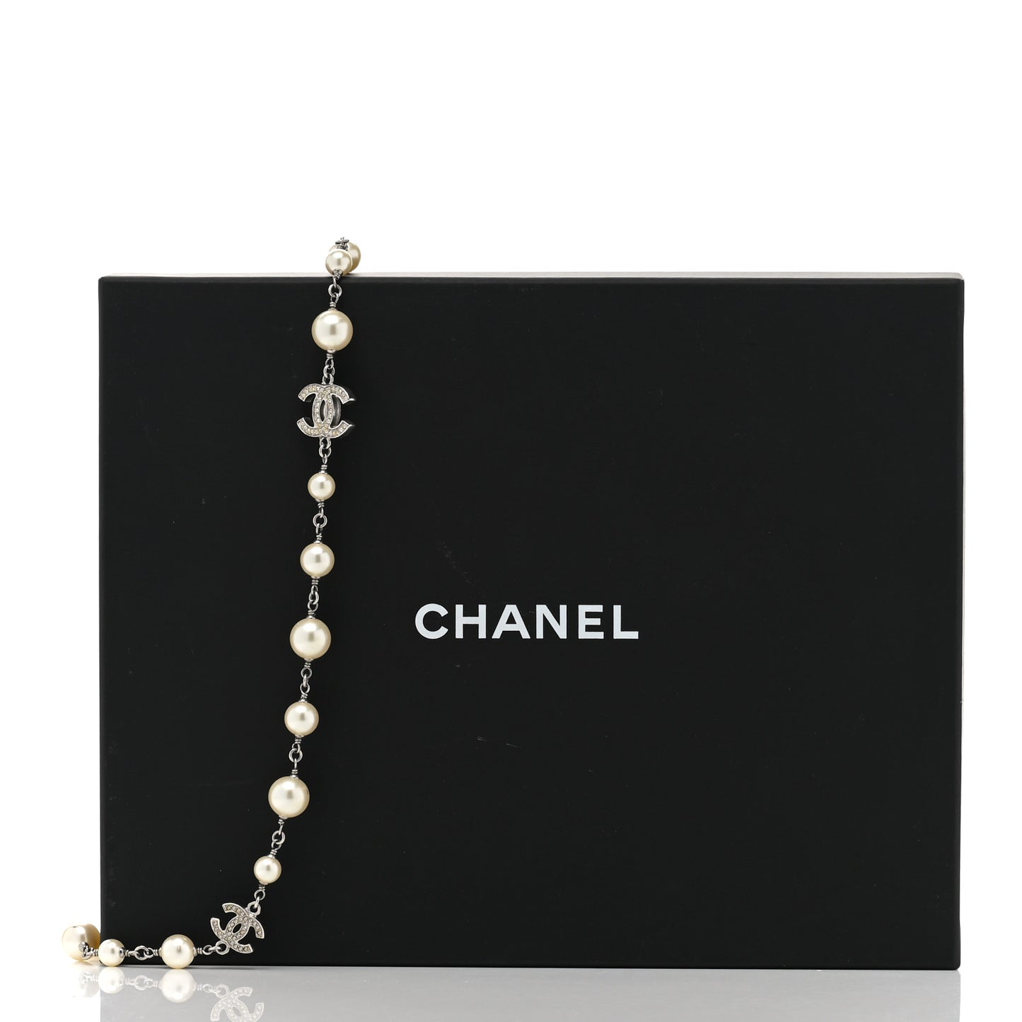 Graduated Pearl Crystal CC Long Necklace Silver