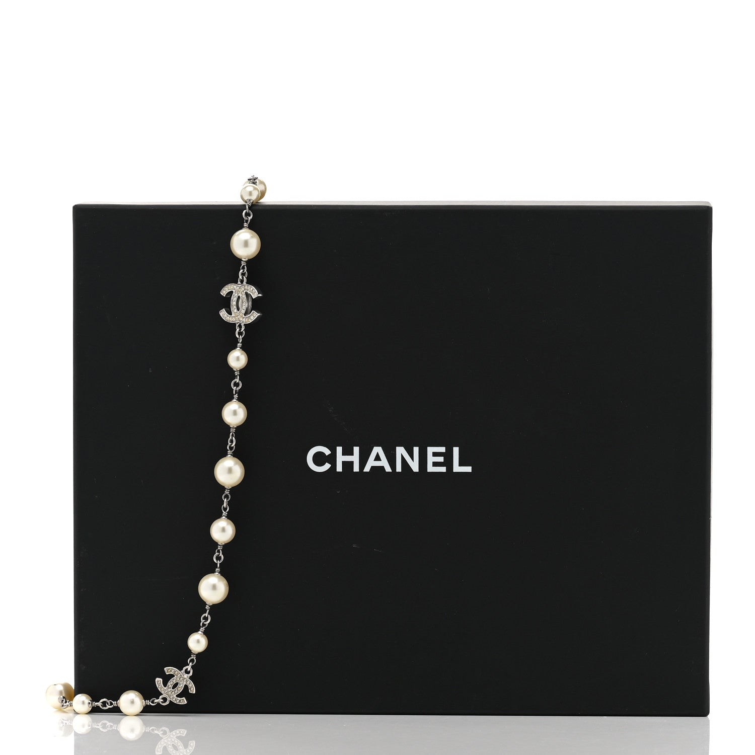 Chanel Graduated Pearl Crystal CC Long Necklace Silver 8 of 8
