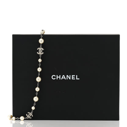Chanel Graduated Pearl Crystal CC Long Necklace Silver 8 of 8