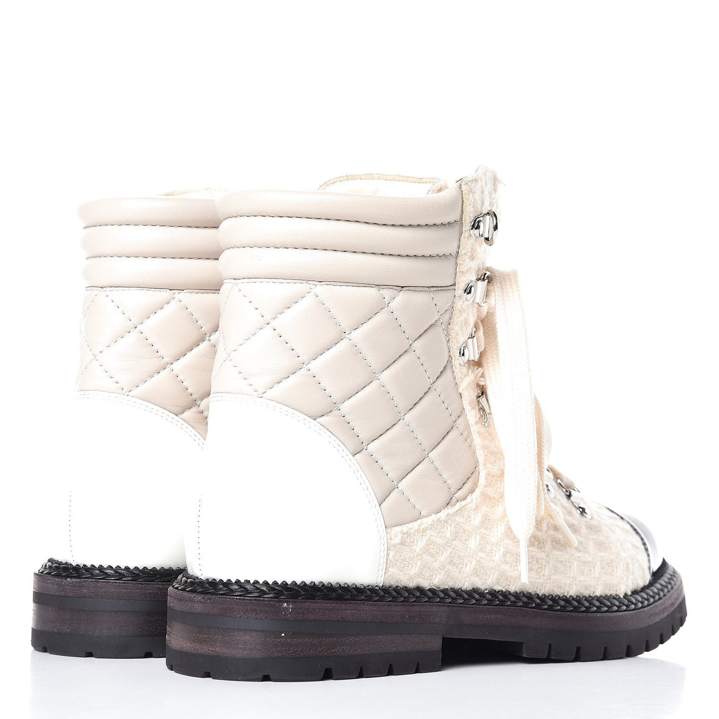 Tweed Patent Lambskin Quilted Lace Up Boots 38.5 Ivory Black