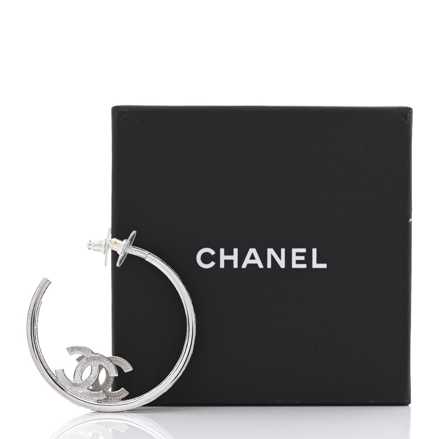 Chanel Metal Crystal Baguette CC Large Hoop Earrings Silver 5 of 5