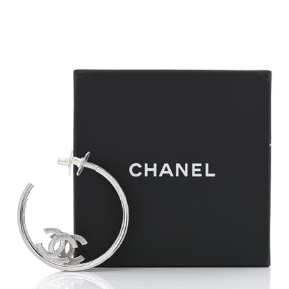 Chanel Metal Crystal Baguette CC Large Hoop Earrings Silver 5 of 5