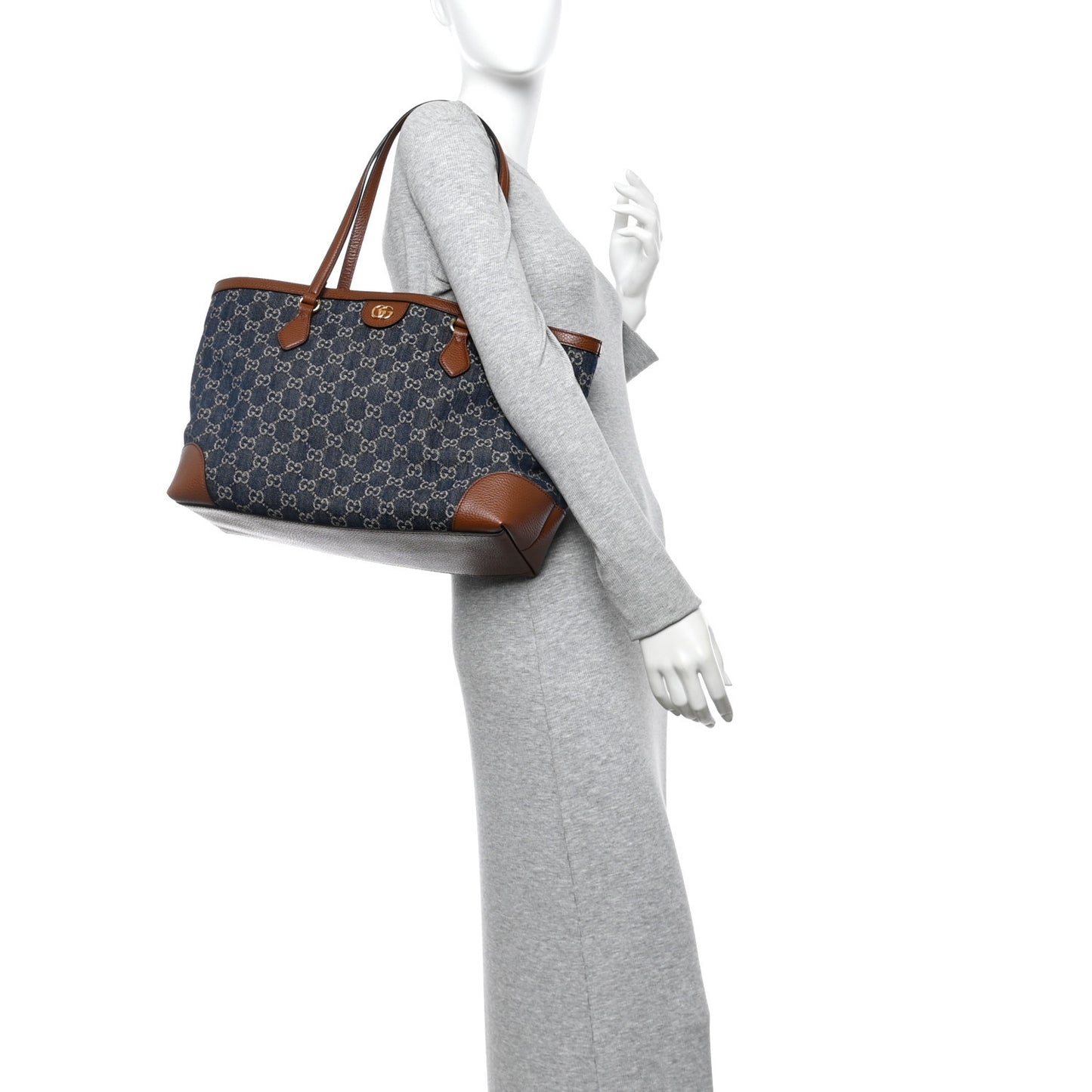 New Denim GG Monogram Medium Ophidia Shopping Tote Blue Tea Cuir