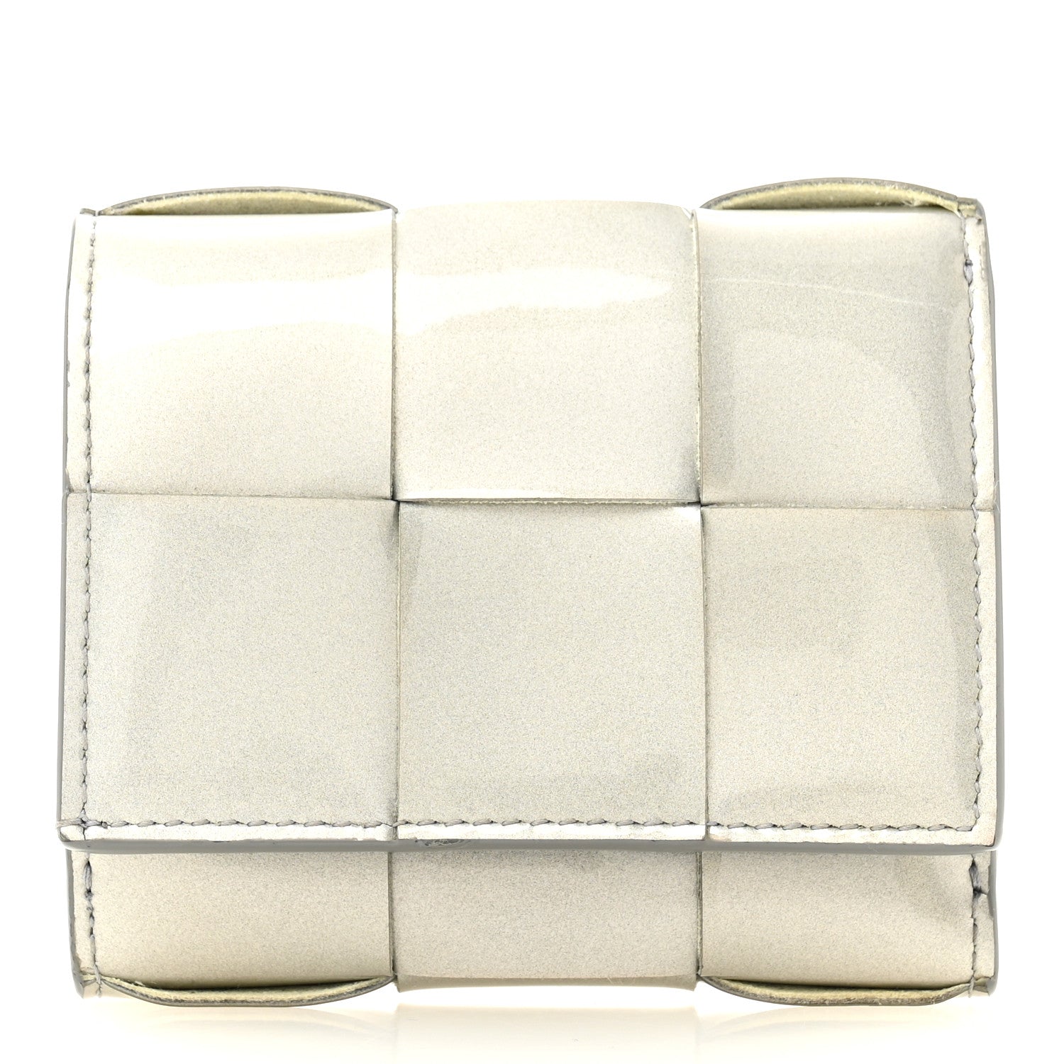 Bottega Veneta Metallic Patent Calfskin Maxi Intrecciato Cassette Tri-Fold Wallet Silver 1 of 7