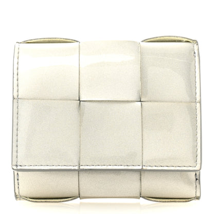 Bottega Veneta Metallic Patent Calfskin Maxi Intrecciato Cassette Tri-Fold Wallet Silver 1 of 7
