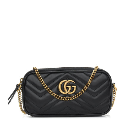 Gucci Calfskin Matelasse Mini GG Marmont Chain Crossbody Bag Black 1 of 9